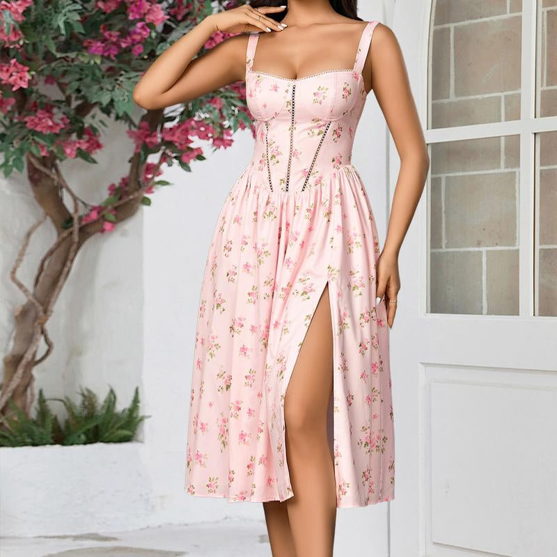 Backless Smocking Floral Print with Pockets Split A-Line Bodycon Dress,Dresses for Summer Vacations and Casual Outings