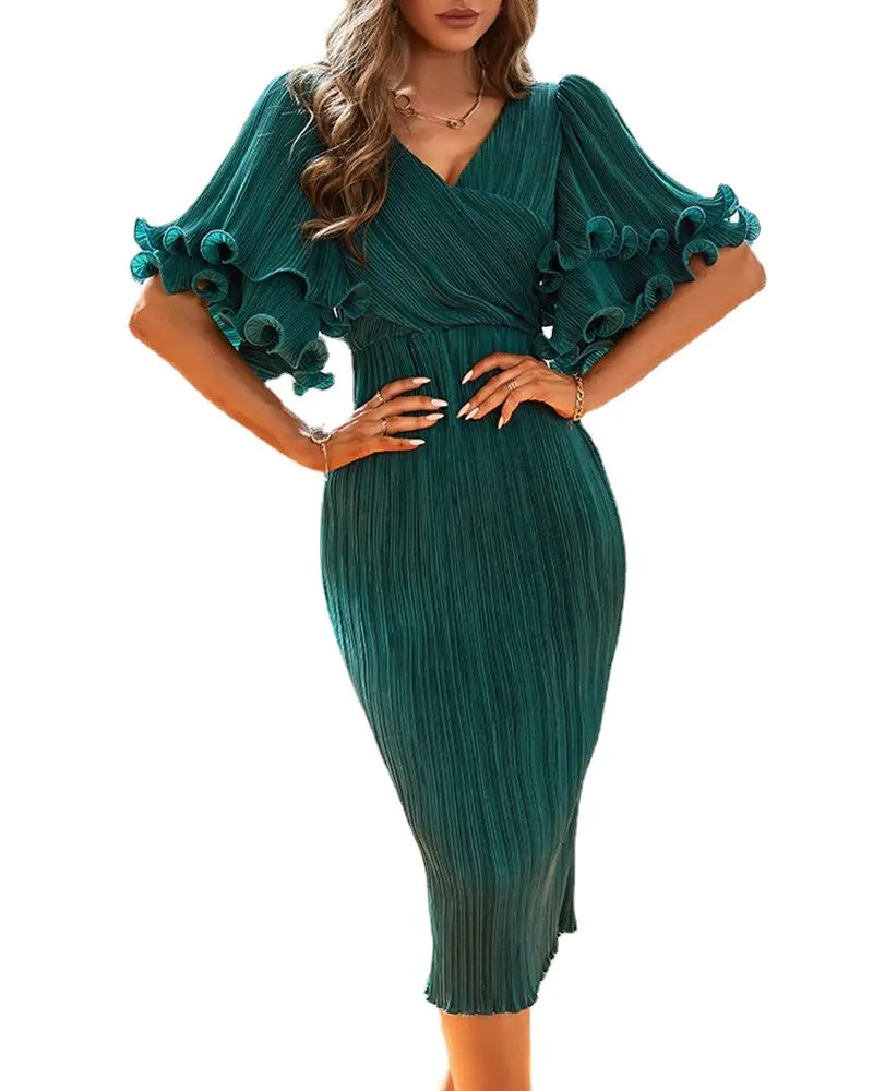 Green Dress with Flared Sleeves Design