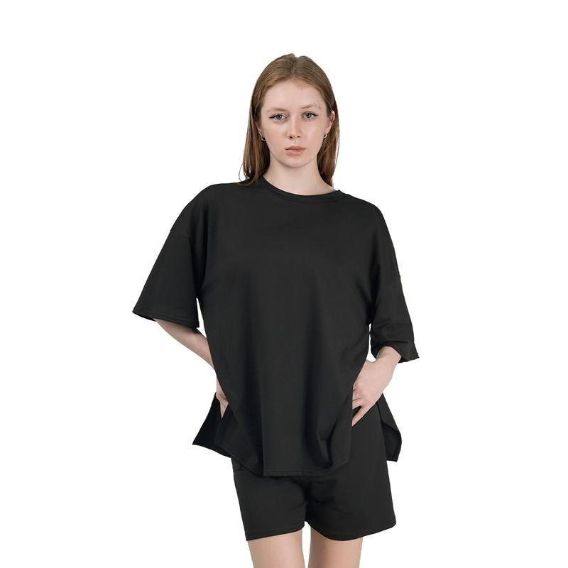 Women'S Summer Two-Piece Set 2025 Casual Oversized Shirts Biker Shorts Matching Airport Travel Outfit Split Hem Lounge