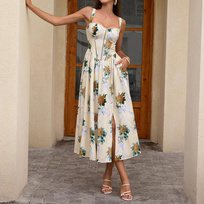 Backless Smocking Floral Print with Pockets Split A-Line Bodycon Dress,Dresses for Summer Vacations and Casual Outings