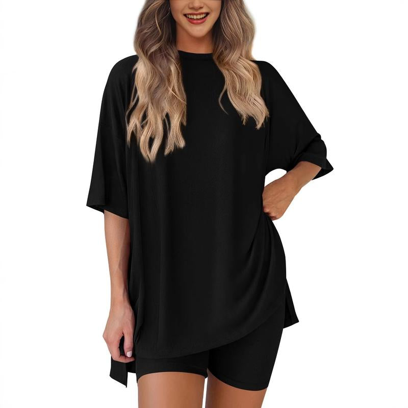 Women'S Summer Two-Piece Set 2025 Casual Oversized Shirts Biker Shorts Matching Airport Travel Outfit Split Hem Lounge