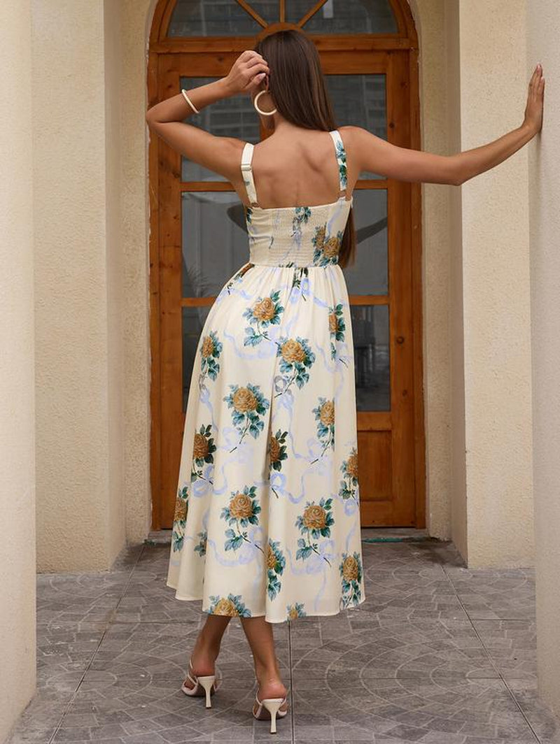 Backless Smocking Floral Print with Pockets Split A-Line Bodycon Dress,Dresses for Summer Vacations and Casual Outings