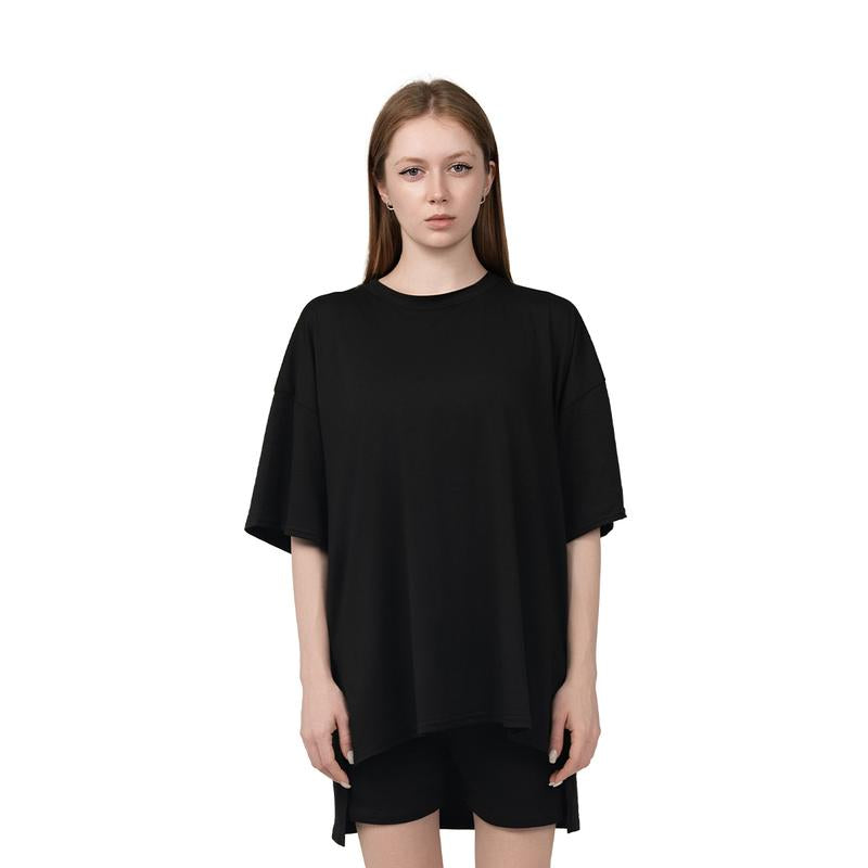 Women'S Summer Two-Piece Set 2025 Casual Oversized Shirts Biker Shorts Matching Airport Travel Outfit Split Hem Lounge