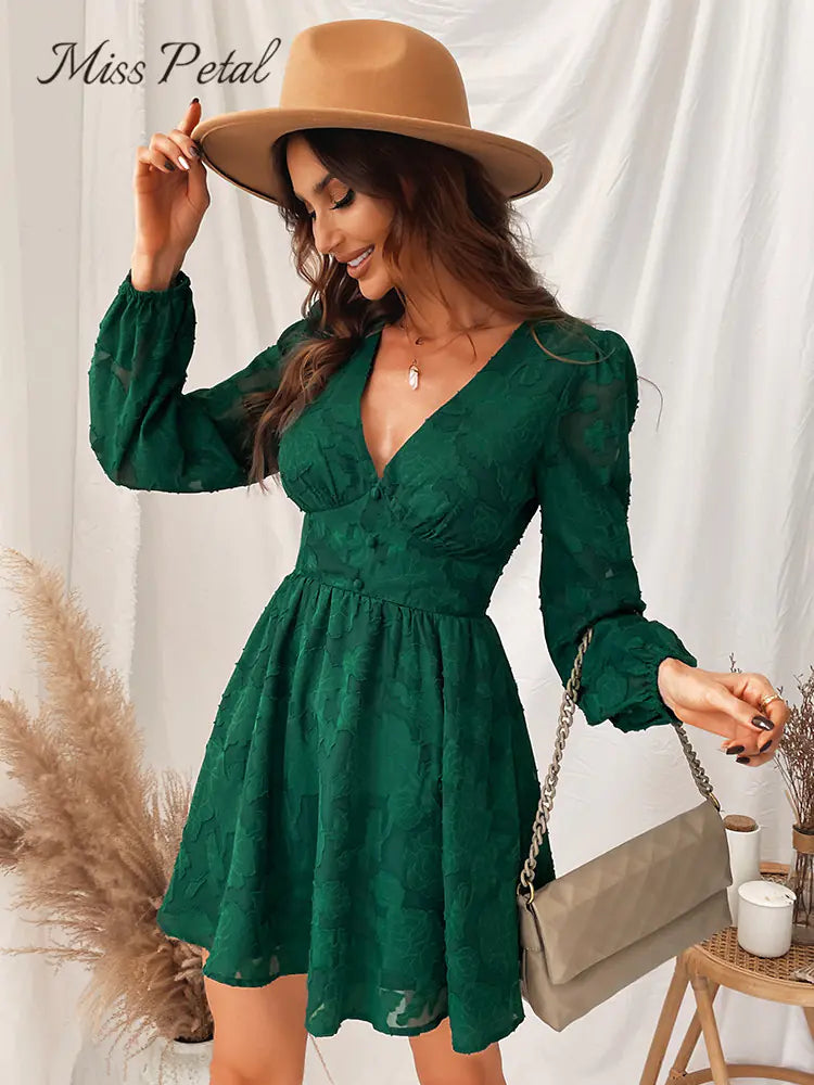 MISS PETAL Green Plunge A-Line Mini Dress