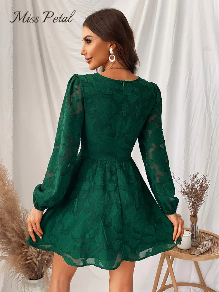 MISS PETAL Green Plunge A-Line Mini Dress