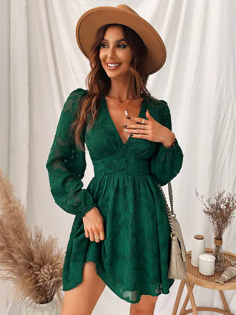 MISS PETAL Green Plunge A-Line Mini Dress
