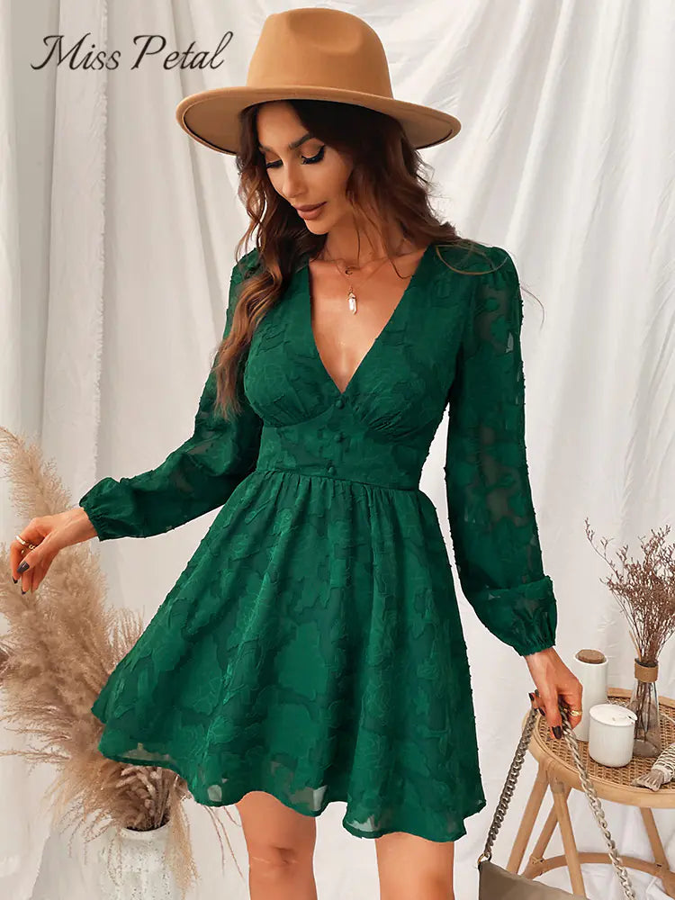 MISS PETAL Green Plunge A-Line Mini Dress