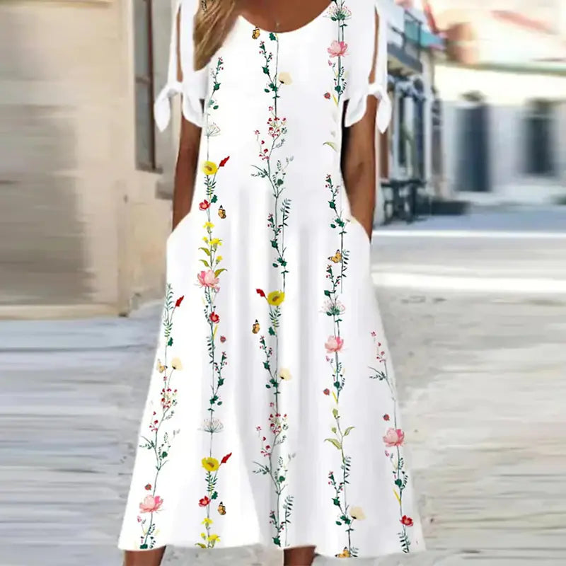 Floral Print Midi Dress with Short Sleeves (One Piece)