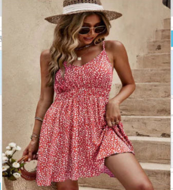 Floral V-Neck Mini Cami Dress for Summer Vacation (One Piece)