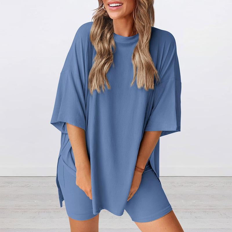 Women'S Summer Two-Piece Set 2025 Casual Oversized Shirts Biker Shorts Matching Airport Travel Outfit Split Hem Lounge