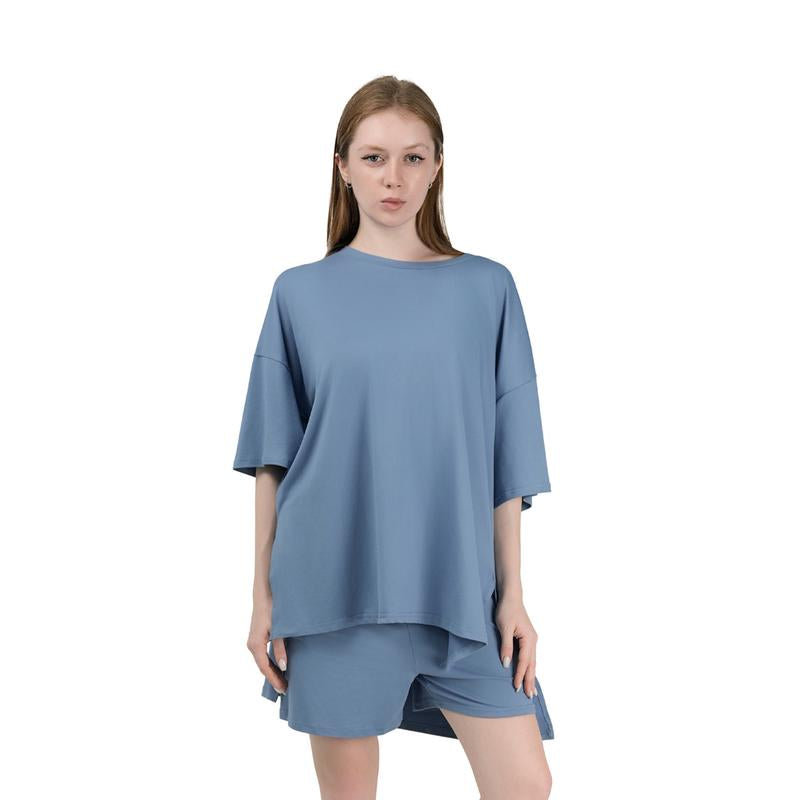 Women'S Summer Two-Piece Set 2025 Casual Oversized Shirts Biker Shorts Matching Airport Travel Outfit Split Hem Lounge