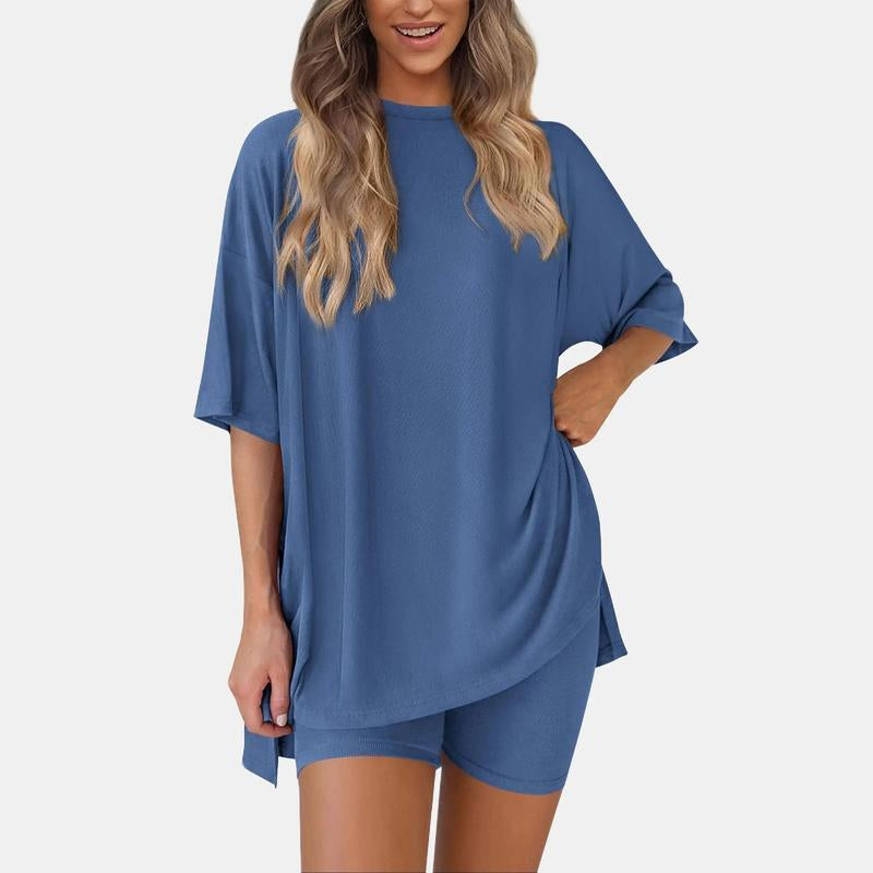 Women'S Summer Two-Piece Set 2025 Casual Oversized Shirts Biker Shorts Matching Airport Travel Outfit Split Hem Lounge