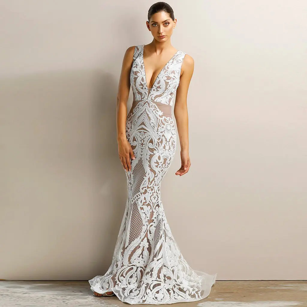 Deep V Neck Sleeveless Evening Gown Dress