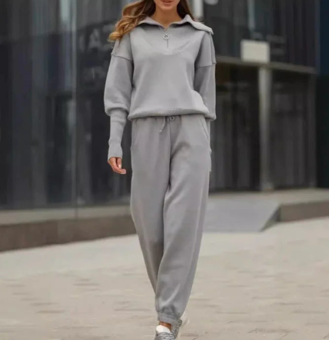 Solid Color Zip Hoodie Set