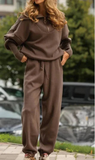 Solid Color Zip Hoodie Set
